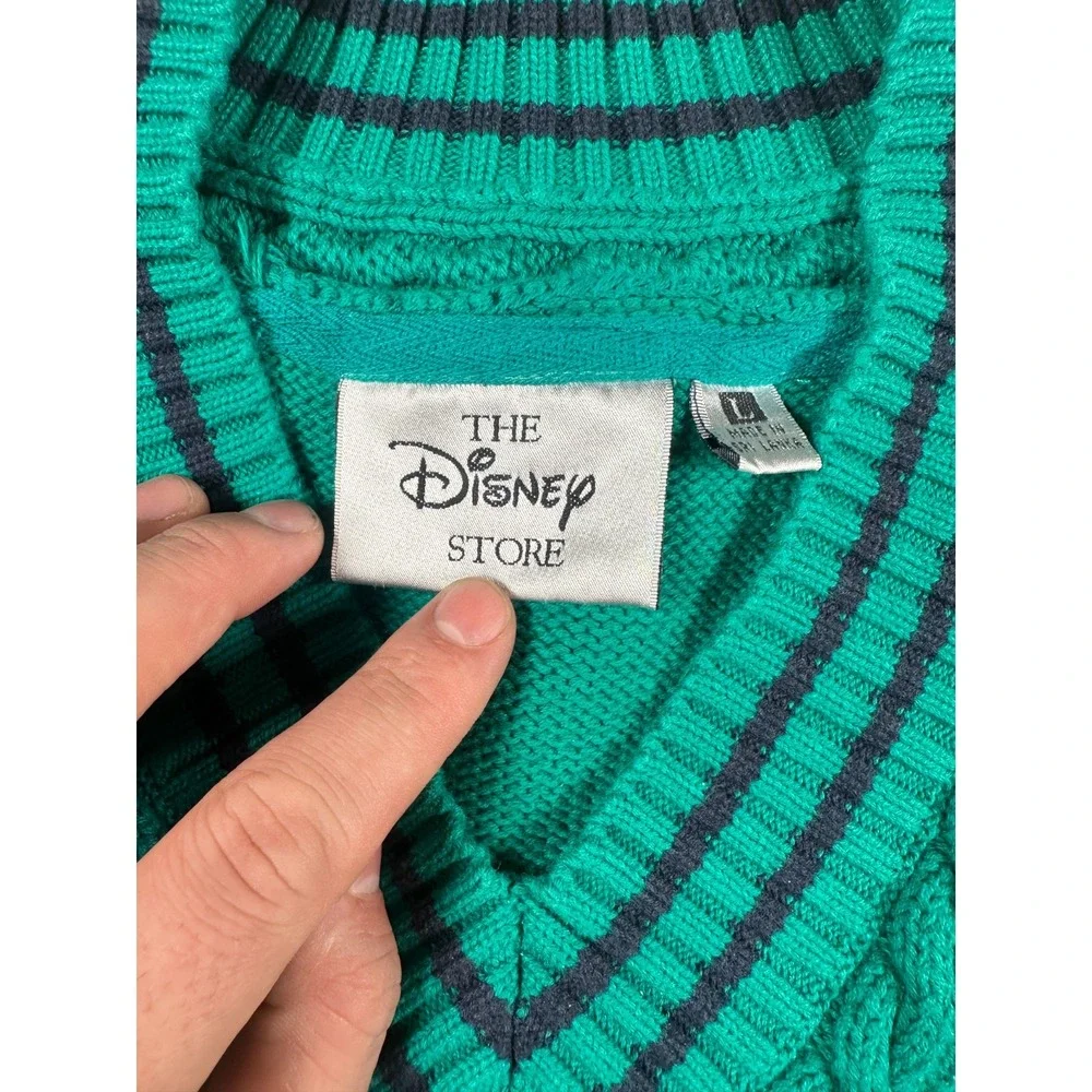 The Disney Store Golf Sweater Vest Adult Large Teal Blue Cable Knit Cotton Patch - Picture 3 of 7